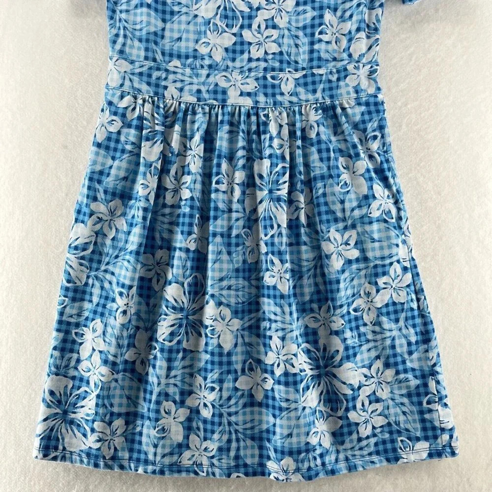 Lands End Dress S 6-8 Floral Check Short Sleeve A-Line Stretch Cotton Modal Blue - Picture 3 of 12